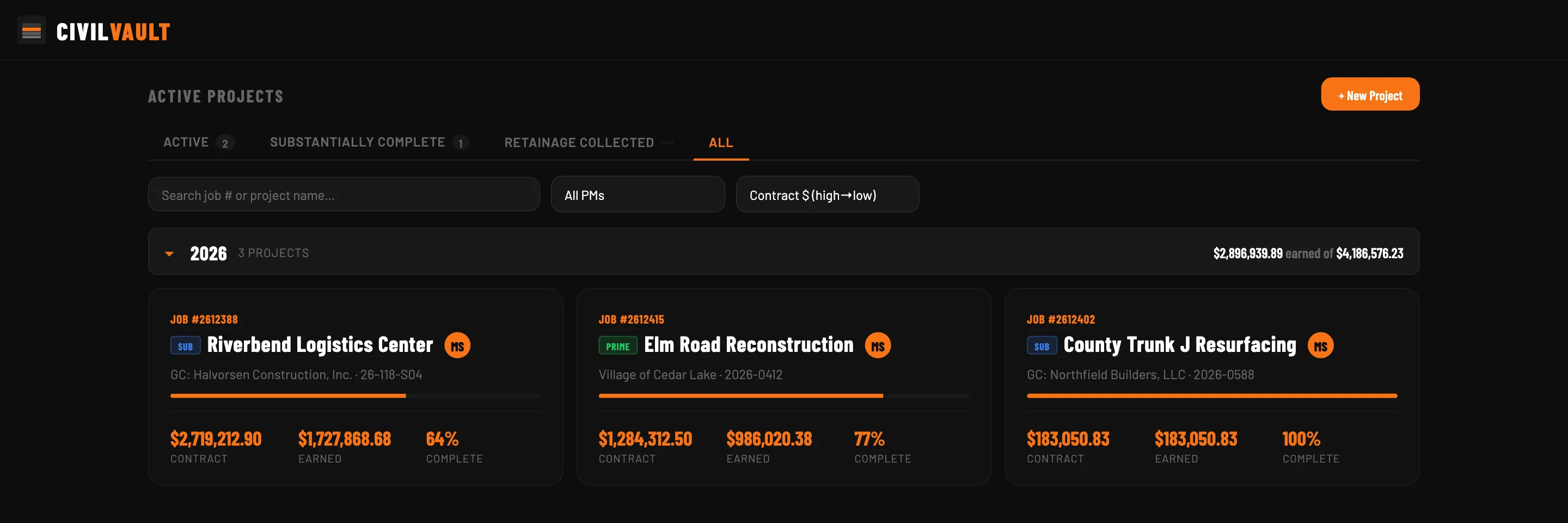 CivilVault projects dashboard: three project cards with contract, earned and percent complete