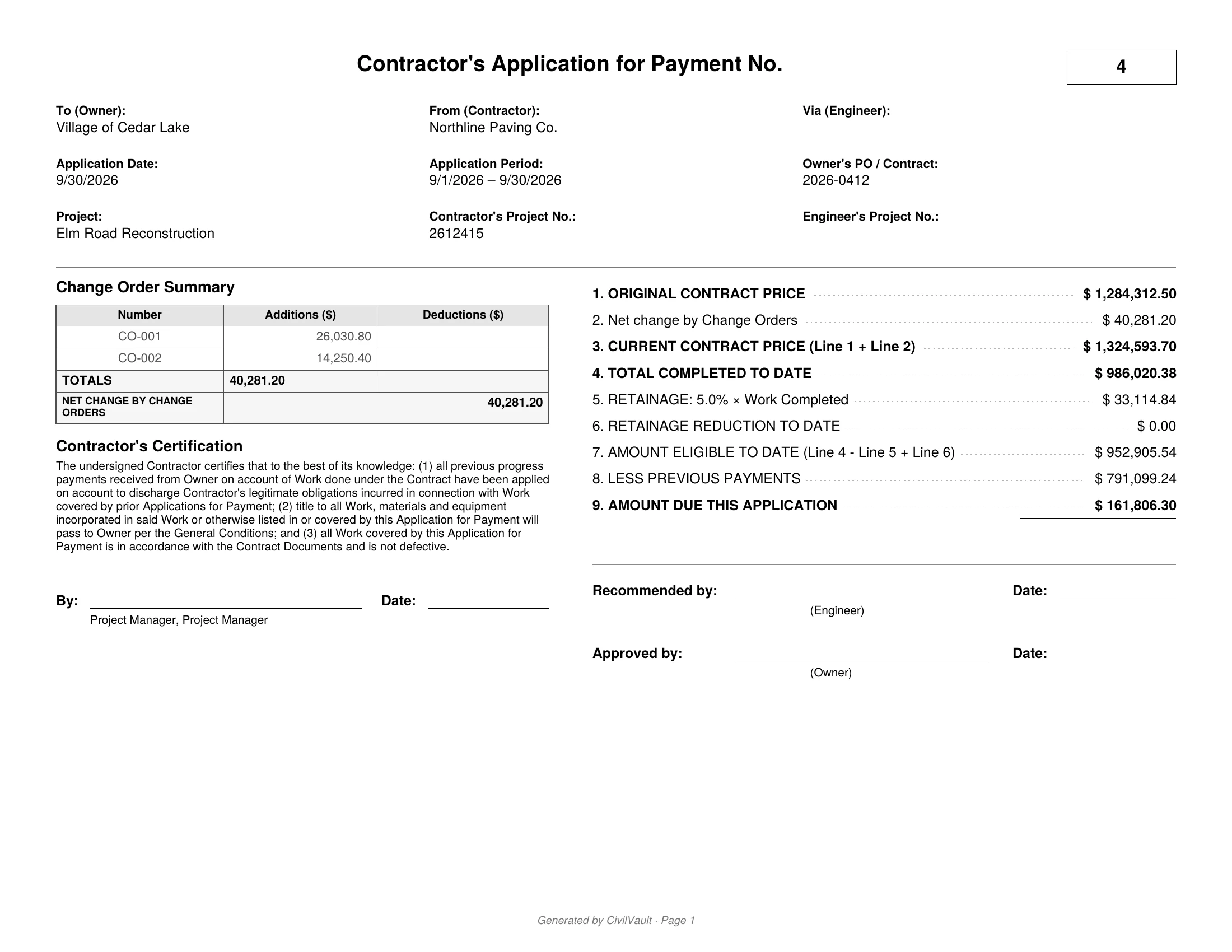 Generated Contractor's Application for Payment No. 4 with change order summary and certification