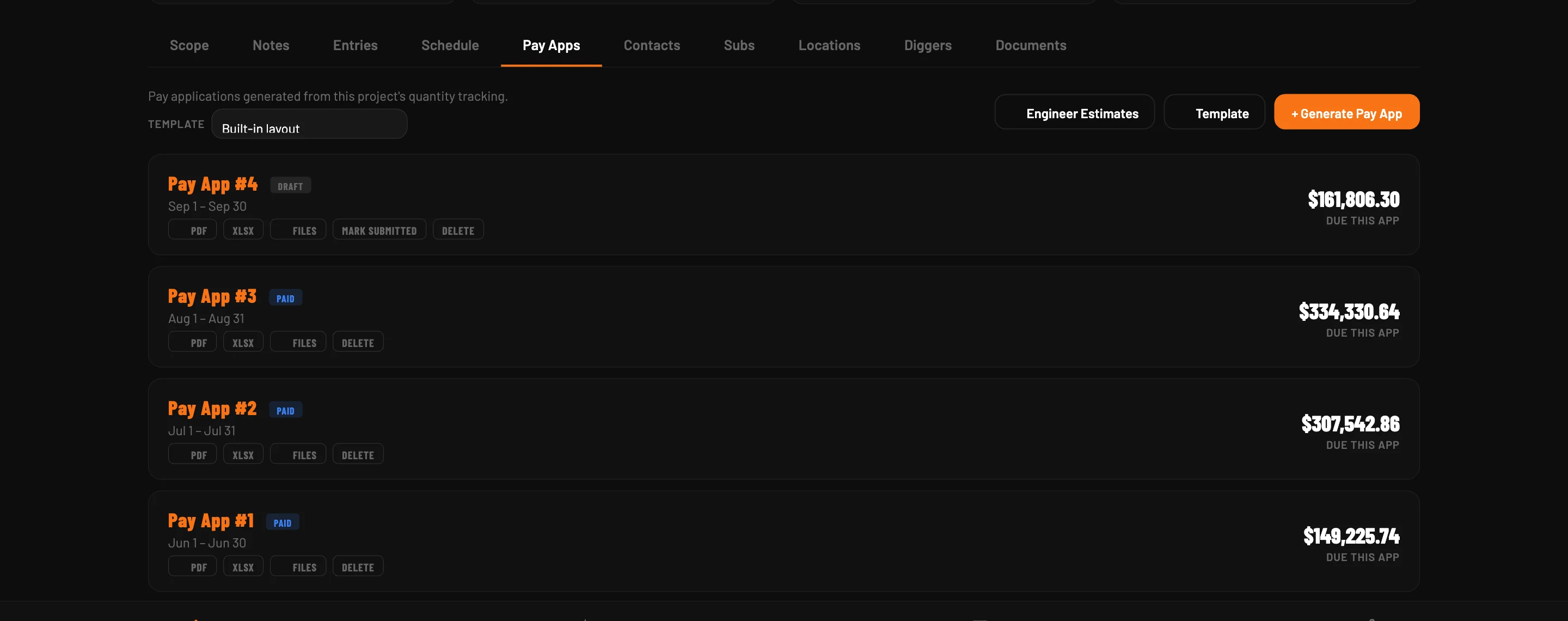 Pay Apps tab: four applications, three paid and one draft, with the amount due on each