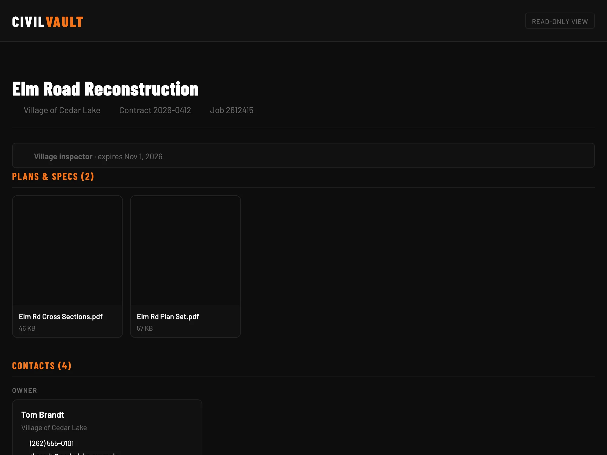 The read-only share page for Elm Road Reconstruction: plans and specs, contacts