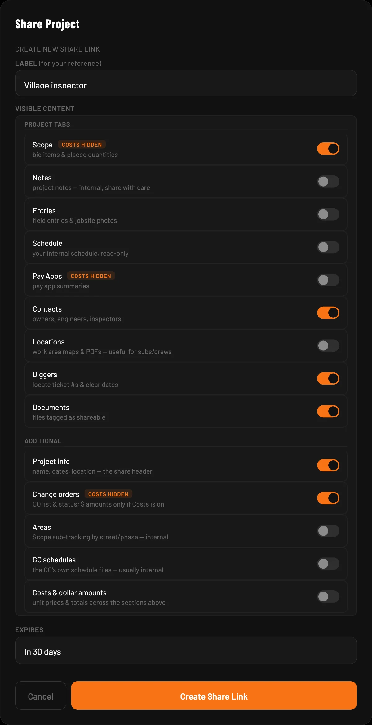 Share project dialog: switches for each section the link exposes, costs hidden, 30-day expiration
